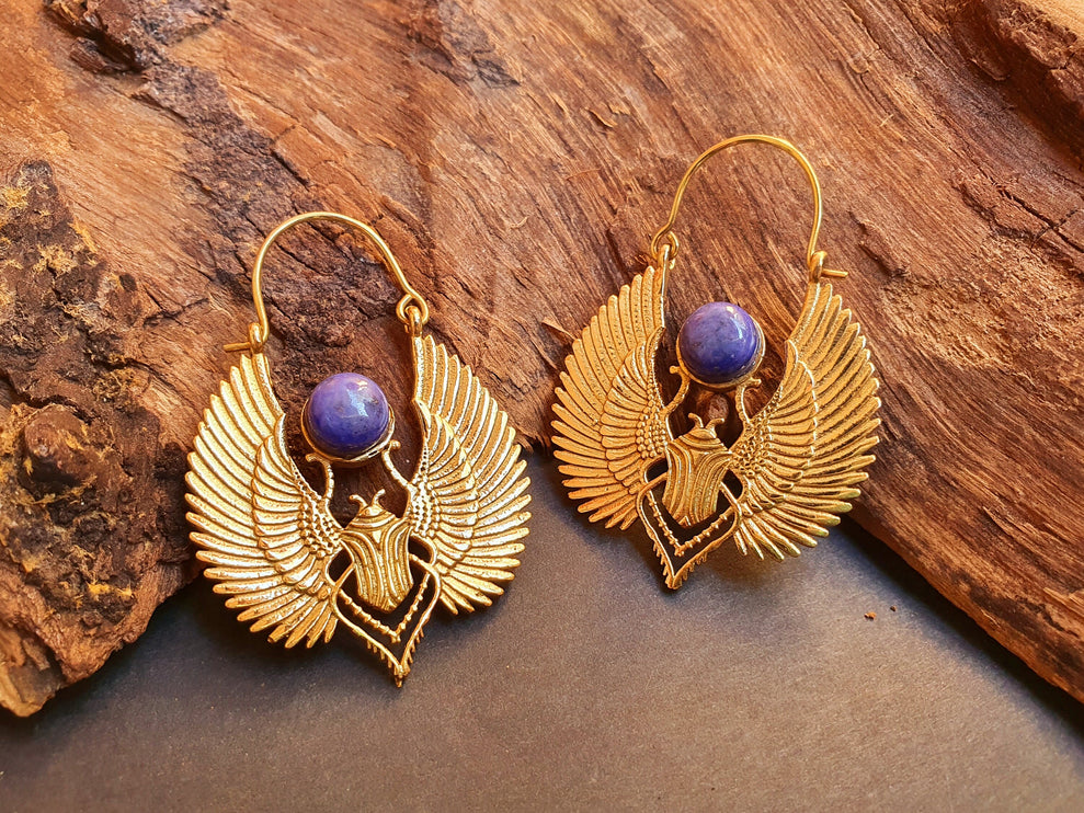 Gold Scarab Earrings Ancient Egypt Lapis Lazuli & Brass ; Ethnic, Geometric, rustic, yoga, hippie, gypsy, pretty, boho, bohemian, festival