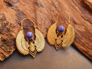 Gold Scarab Earrings Ancient Egypt Lapis Lazuli & Brass ; Ethnic, Geometric, rustic, yoga, hippie, gypsy, pretty, boho, bohemian, festival