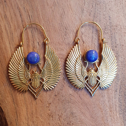 Gold Scarab Earrings Ancient Egypt Lapis Lazuli & Brass ; Ethnic, Geometric, rustic, yoga, hippie, gypsy, pretty, boho, bohemian, festival