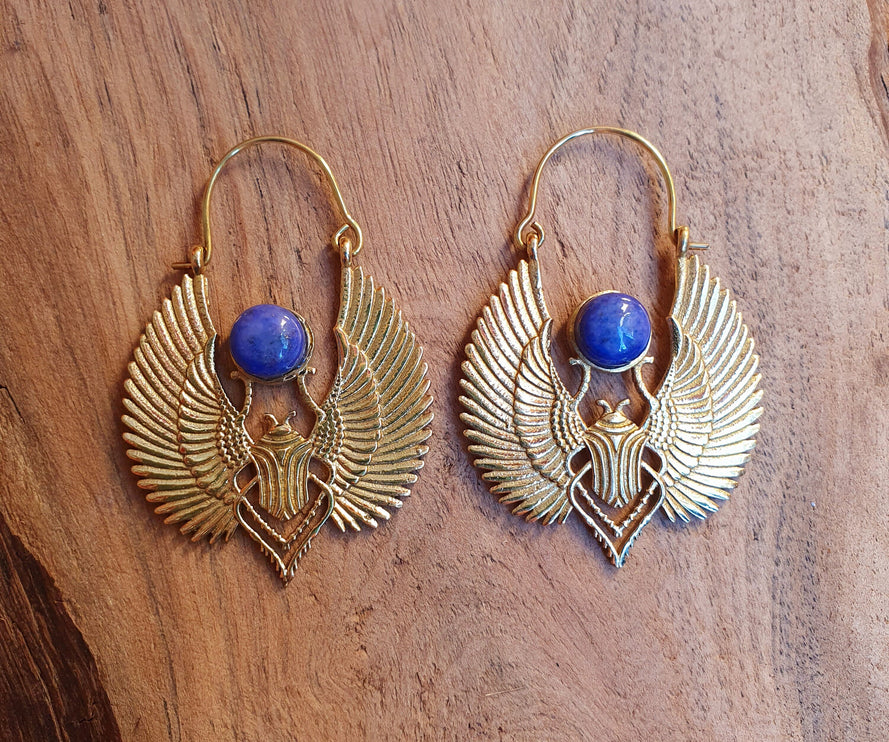 Gold Scarab Earrings Ancient Egypt Lapis Lazuli & Brass ; Ethnic, Geometric, rustic, yoga, hippie, gypsy, pretty, boho, bohemian, festival