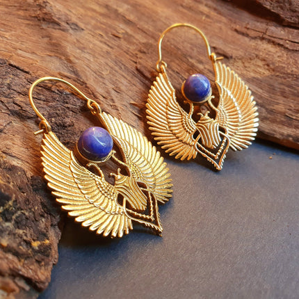 Gold Scarab Earrings Ancient Egypt Lapis Lazuli & Brass ; Ethnic, Geometric, rustic, yoga, hippie, gypsy, pretty, boho, bohemian, festival