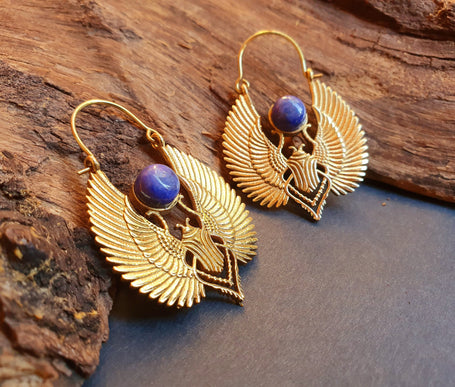 Gold Scarab Earrings Ancient Egypt Lapis Lazuli & Brass ; Ethnic, Geometric, rustic, yoga, hippie, gypsy, pretty, boho, bohemian, festival