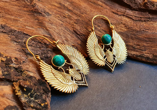 Gold Scarab Earrings Ancient Turquoise & Brass ; Ethnic, Geometric, rustic, yoga, hippie, gypsy, pretty, boho, bohemian, festival