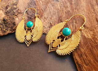 Gold Scarab Earrings Ancient Turquoise & Brass ; Ethnic, Geometric, rustic, yoga, hippie, gypsy, pretty, boho, bohemian, festival
