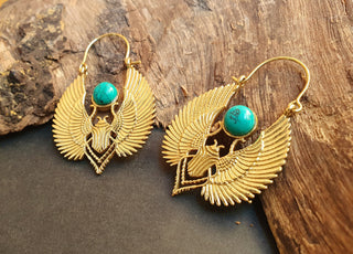 Gold Scarab Earrings Ancient Turquoise & Brass ; Ethnic, Geometric, rustic, yoga, hippie, gypsy, pretty, boho, bohemian, festival