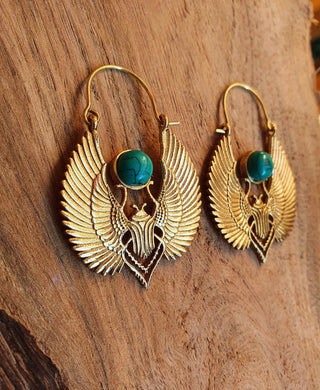 Gold Scarab Earrings Ancient Turquoise & Brass ; Ethnic, Geometric, rustic, yoga, hippie, gypsy, pretty, boho, bohemian, festival