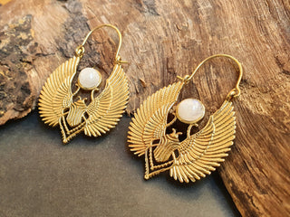 Gold Scarab Earrings Ancient Moonstone & Brass ; Ethnic, Geometric, rustic, yoga, hippie, gypsy, pretty, boho, bohemian, festival