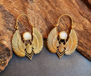Gold Scarab Earrings Ancient Moonstone & Brass ; Ethnic, Geometric, rustic, yoga, hippie, gypsy, pretty, boho, bohemian, festival