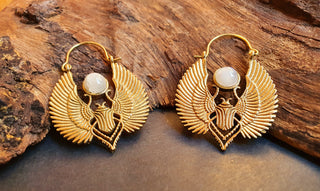 Gold Scarab Earrings Ancient Moonstone & Brass ; Ethnic, Geometric, rustic, yoga, hippie, gypsy, pretty, boho, bohemian, festival