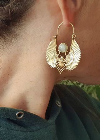 Gold Scarab Earrings Ancient Moonstone & Brass ; Ethnic, Geometric, rustic, yoga, hippie, gypsy, pretty, boho, bohemian, festival