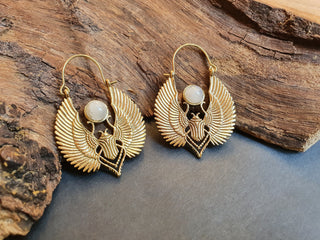 Gold Scarab Earrings Ancient Moonstone & Brass ; Ethnic, Geometric, rustic, yoga, hippie, gypsy, pretty, boho, bohemian, festival