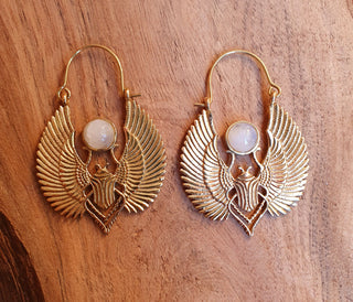 Gold Scarab Earrings Ancient Moonstone & Brass ; Ethnic, Geometric, rustic, yoga, hippie, gypsy, pretty, boho, bohemian, festival