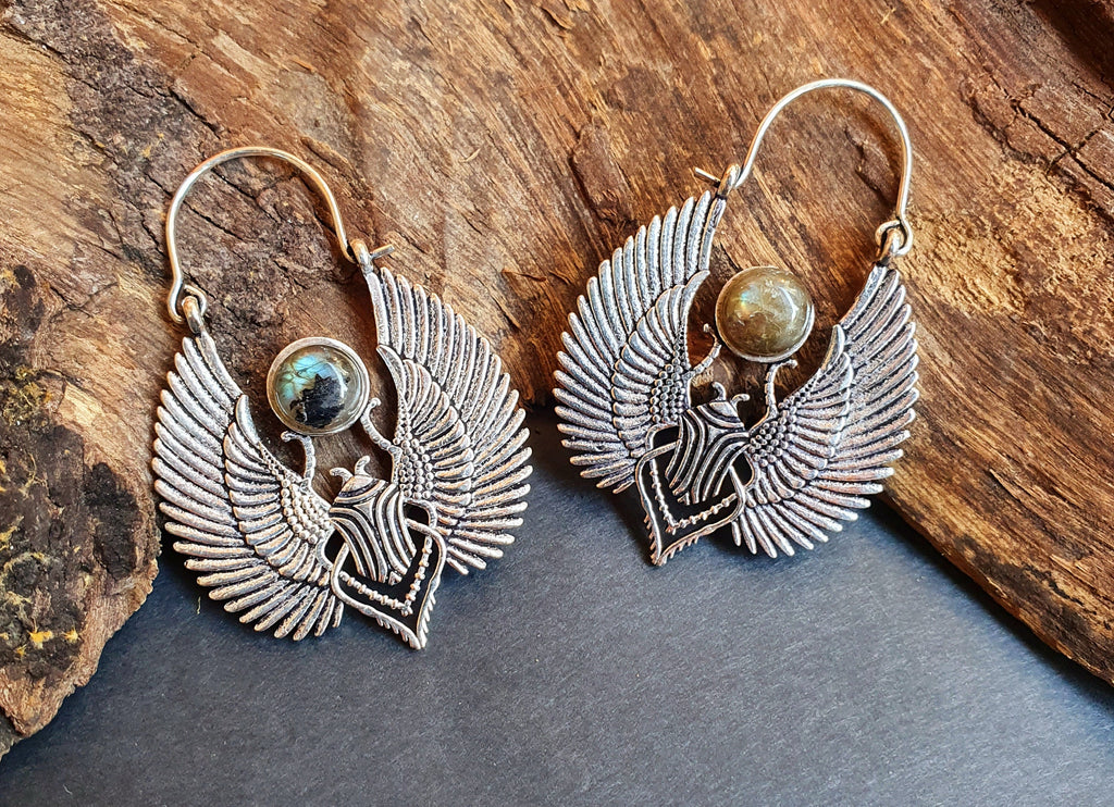 Silver Scarab Earrings Ancient Egypt & Labradorite ; Ethnic, Geometric, rustic, yoga, hippie, gypsy, pretty, boho, bohemian, festival