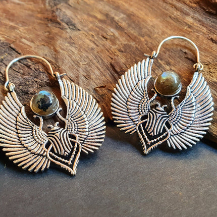 Silver Scarab Earrings Ancient Egypt & Labradorite ; Ethnic, Geometric, rustic, yoga, hippie, gypsy, pretty, boho, bohemian, festival