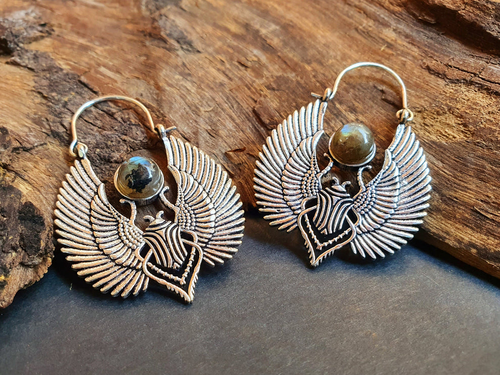 Silver Scarab Earrings Ancient Egypt & Labradorite ; Ethnic, Geometric, rustic, yoga, hippie, gypsy, pretty, boho, bohemian, festival