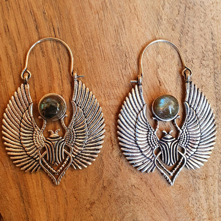 Silver Scarab Earrings Ancient Egypt & Labradorite ; Ethnic, Geometric, rustic, yoga, hippie, gypsy, pretty, boho, bohemian, festival