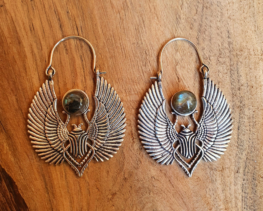 Silver Scarab Earrings Ancient Egypt & Labradorite ; Ethnic, Geometric, rustic, yoga, hippie, gypsy, pretty, boho, bohemian, festival