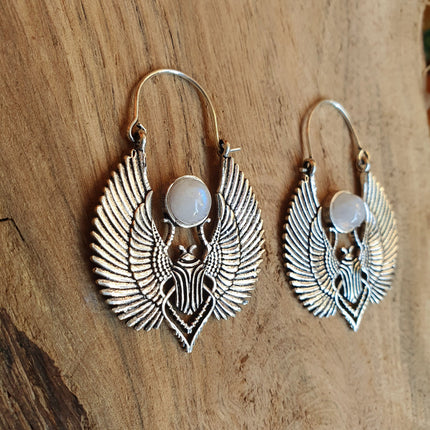 Silver Scarab Earrings Ancient Egypt & Moonstone ; Ethnic, Geometric, rustic, yoga, hippie, gypsy, pretty, boho, bohemian, festival