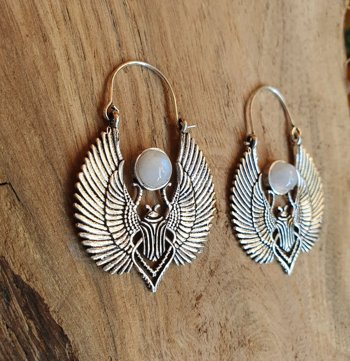 Silver Scarab Earrings Ancient Egypt & Moonstone ; Ethnic, Geometric, rustic, yoga, hippie, gypsy, pretty, boho, bohemian, festival