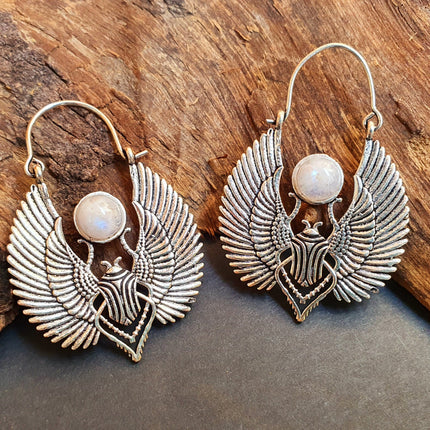 Silver Scarab Earrings Ancient Egypt & Moonstone ; Ethnic, Geometric, rustic, yoga, hippie, gypsy, pretty, boho, bohemian, festival