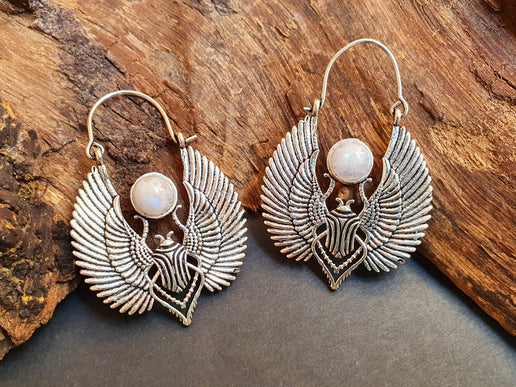 Silver Scarab Earrings Ancient Egypt & Moonstone ; Ethnic, Geometric, rustic, yoga, hippie, gypsy, pretty, boho, bohemian, festival