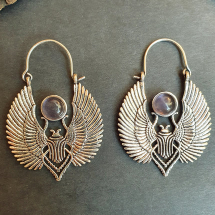 Silver Scarab Earrings Ancient Egypt & Amethyst ; Ethnic, Geometric, rustic, yoga, hippie, gypsy, pretty, boho, bohemian, festival