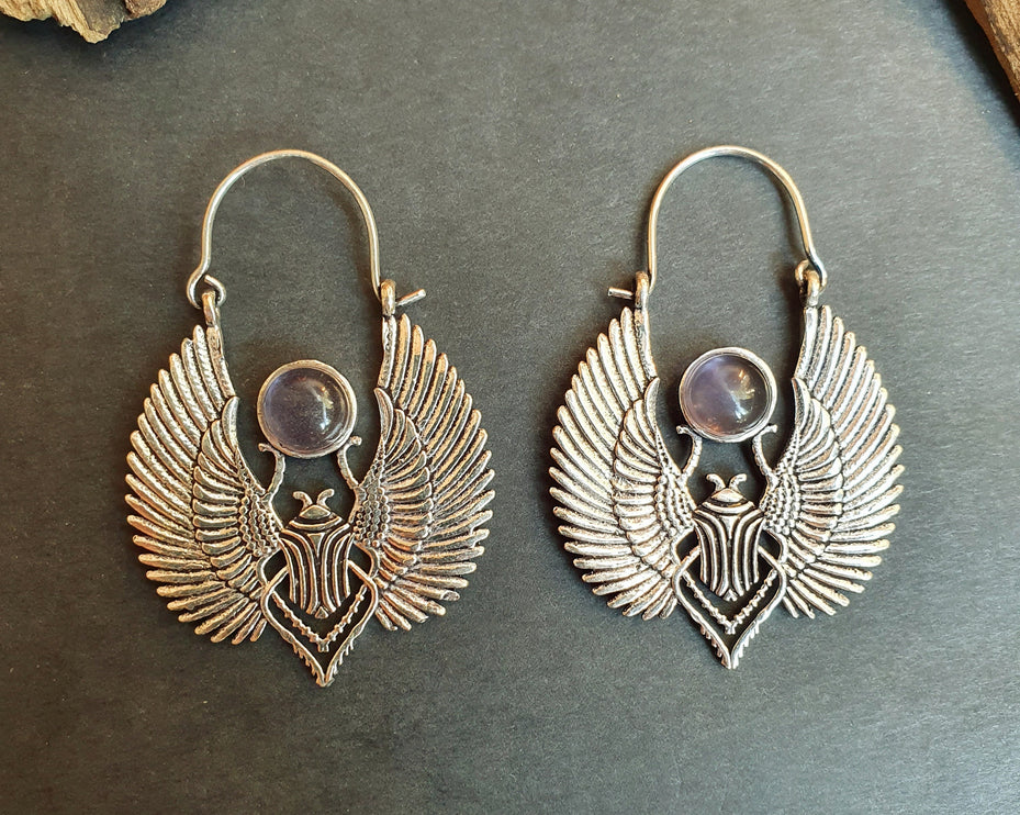 Silver Scarab Earrings Ancient Egypt & Amethyst ; Ethnic, Geometric, rustic, yoga, hippie, gypsy, pretty, boho, bohemian, festival