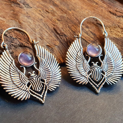 Silver Scarab Earrings Ancient Egypt & Amethyst ; Ethnic, Geometric, rustic, yoga, hippie, gypsy, pretty, boho, bohemian, festival