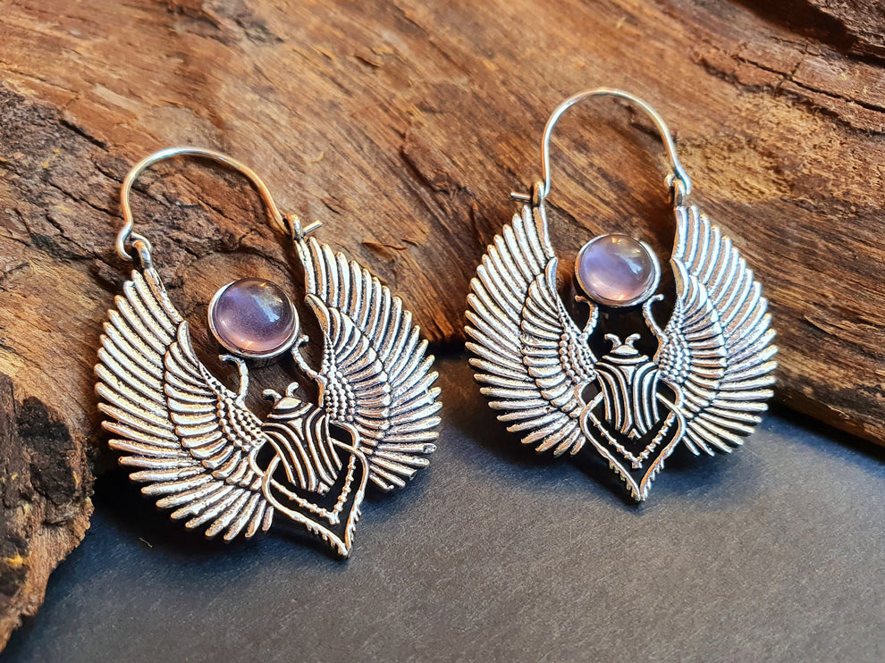 Silver Scarab Earrings Ancient Egypt & Amethyst ; Ethnic, Geometric, rustic, yoga, hippie, gypsy, pretty, boho, bohemian, festival