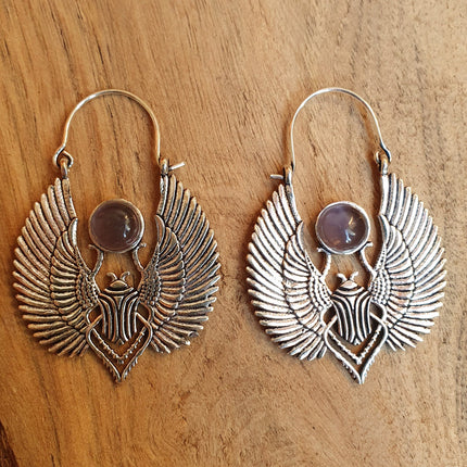 Silver Scarab Earrings Ancient Egypt & Amethyst ; Ethnic, Geometric, rustic, yoga, hippie, gypsy, pretty, boho, bohemian, festival