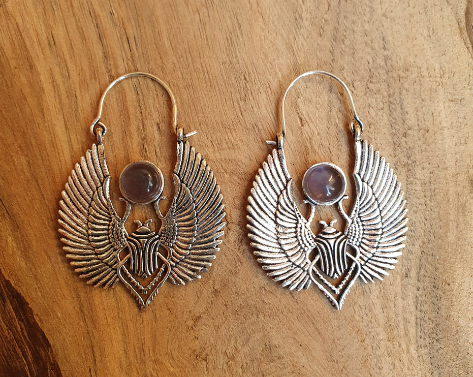 Silver Scarab Earrings Ancient Egypt & Amethyst ; Ethnic, Geometric, rustic, yoga, hippie, gypsy, pretty, boho, bohemian, festival