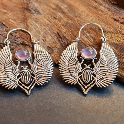 Silver Scarab Earrings Ancient Egypt & Amethyst ; Ethnic, Geometric, rustic, yoga, hippie, gypsy, pretty, boho, bohemian, festival
