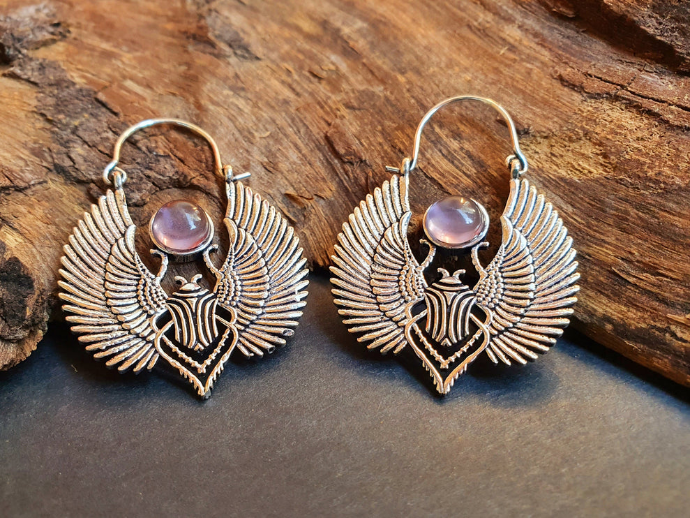 Silver Scarab Earrings Ancient Egypt & Amethyst ; Ethnic, Geometric, rustic, yoga, hippie, gypsy, pretty, boho, bohemian, festival