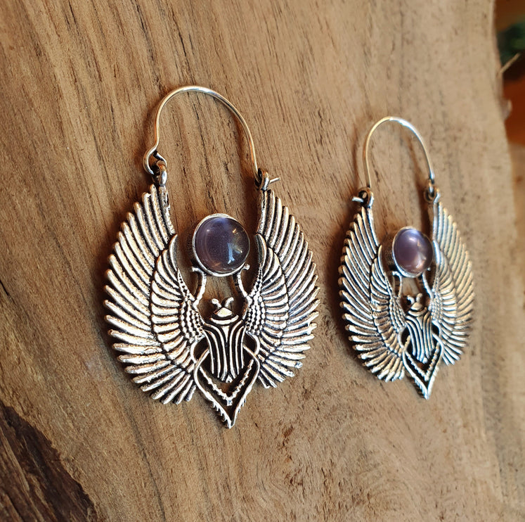 Silver Scarab Earrings Ancient Egypt & Amethyst ; Ethnic, Geometric, rustic, yoga, hippie, gypsy, pretty, boho, bohemian, festival