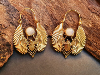 Gold Scarab Earrings Ancient Moonstone & Brass ; Ethnic, Geometric, rustic, yoga, hippie, gypsy, pretty, boho, bohemian, festival