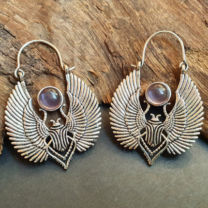 Silver Scarab Earrings Ancient Egypt & Amethyst ; Ethnic, Geometric, rustic, yoga, hippie, gypsy, pretty, boho, bohemian, festival