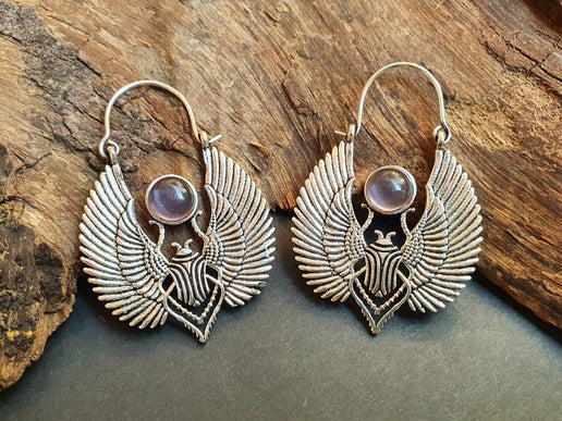 Silver Scarab Earrings Ancient Egypt & Amethyst ; Ethnic, Geometric, rustic, yoga, hippie, gypsy, pretty, boho, bohemian, festival