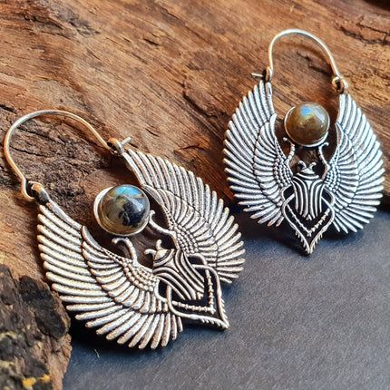 Silver Scarab Earrings Ancient Egypt & Labradorite ; Ethnic, Geometric, rustic, yoga, hippie, gypsy, pretty, boho, bohemian, festival