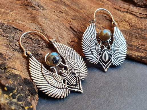 Silver Scarab Earrings Ancient Egypt & Labradorite ; Ethnic, Geometric, rustic, yoga, hippie, gypsy, pretty, boho, bohemian, festival