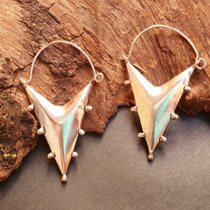 Silver Steampunk Triangle Drop Tribal Brass Earrings; Ethnic Boho Chic Gypsy Spiral Hippie Tribal Cosplay