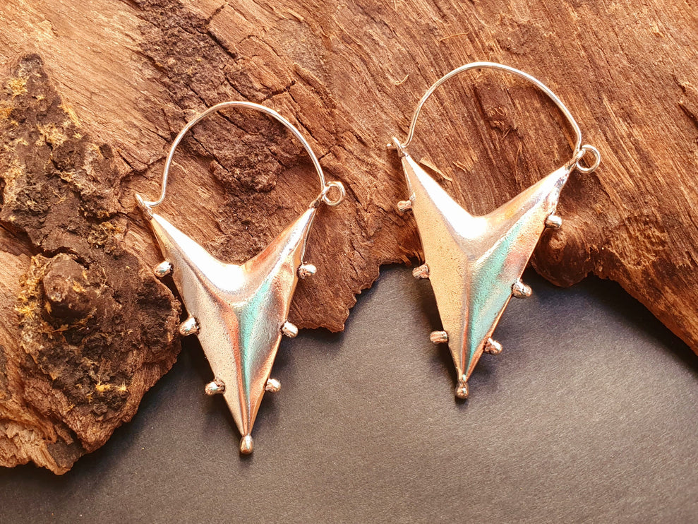 Silver Steampunk Triangle Drop Tribal Brass Earrings; Ethnic Boho Chic Gypsy Spiral Hippie Tribal Cosplay