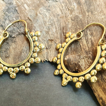 Gypsy Flower Brass Hoop Earrings; Ethnic, Geometric, Rustic, Yoga, Hippie, Gypsy, Pretty, Psy, Boho, Bohemian, Festival