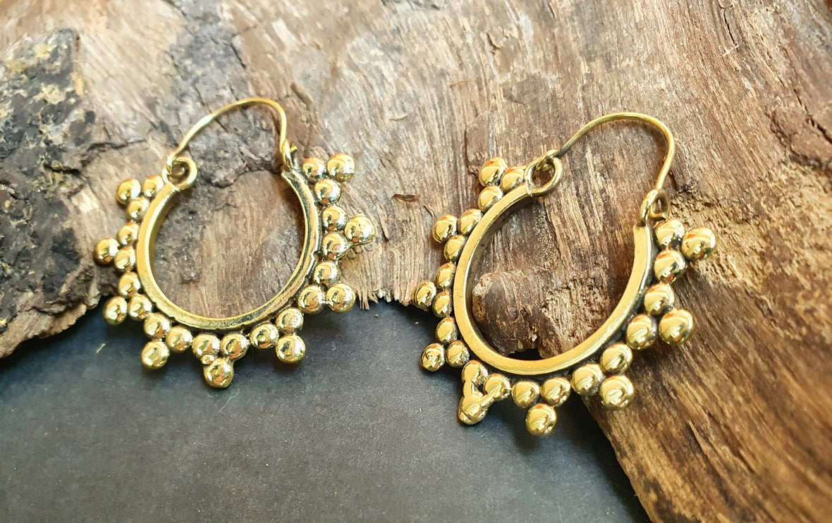 Gypsy Flower Brass Hoop Earrings; Ethnic, Geometric, Rustic, Yoga, Hippie, Gypsy, Pretty, Psy, Boho, Bohemian, Festival