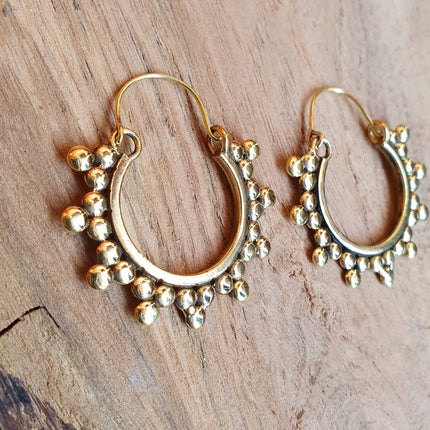 Gypsy Flower Brass Hoop Earrings; Ethnic, Geometric, Rustic, Yoga, Hippie, Gypsy, Pretty, Psy, Boho, Bohemian, Festival