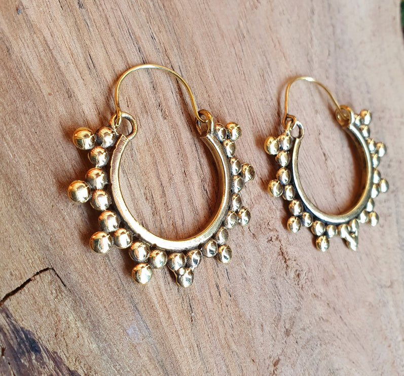 Gypsy Flower Brass Hoop Earrings; Ethnic, Geometric, Rustic, Yoga, Hippie, Gypsy, Pretty, Psy, Boho, Bohemian, Festival