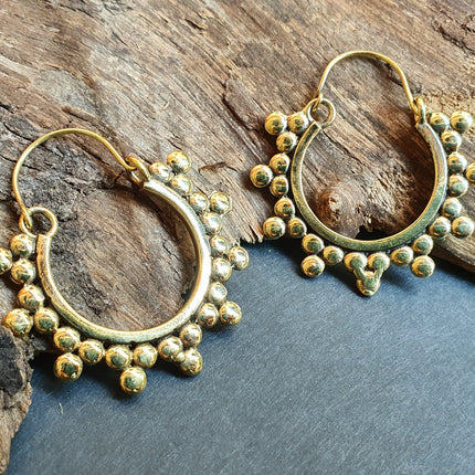 Gypsy Flower Brass Hoop Earrings; Ethnic, Geometric, Rustic, Yoga, Hippie, Gypsy, Pretty, Psy, Boho, Bohemian, Festival