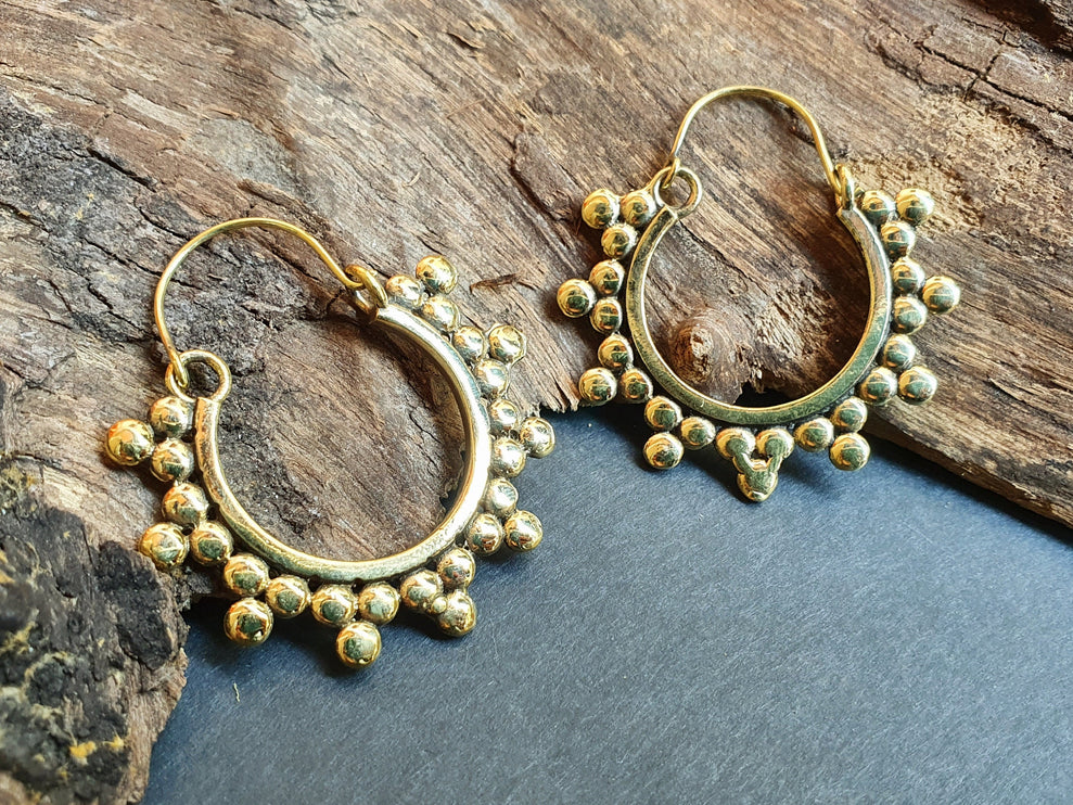 Gypsy Flower Brass Hoop Earrings; Ethnic, Geometric, Rustic, Yoga, Hippie, Gypsy, Pretty, Psy, Boho, Bohemian, Festival