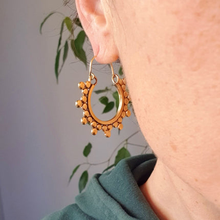 Gypsy Flower Brass Hoop Earrings; Ethnic, Geometric, Rustic, Yoga, Hippie, Gypsy, Pretty, Psy, Boho, Bohemian, Festival