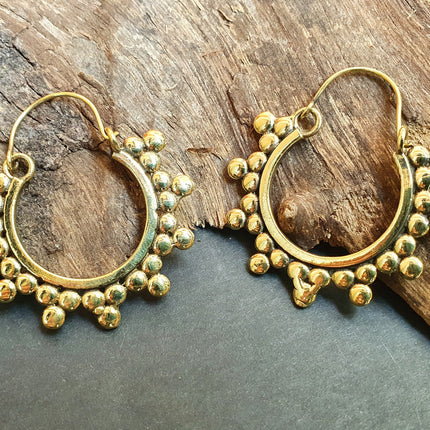 Gypsy Flower Brass Hoop Earrings; Ethnic, Geometric, Rustic, Yoga, Hippie, Gypsy, Pretty, Psy, Boho, Bohemian, Festival