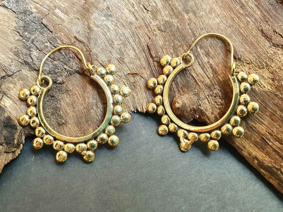 Gypsy Flower Brass Hoop Earrings; Ethnic, Geometric, Rustic, Yoga, Hippie, Gypsy, Pretty, Psy, Boho, Bohemian, Festival